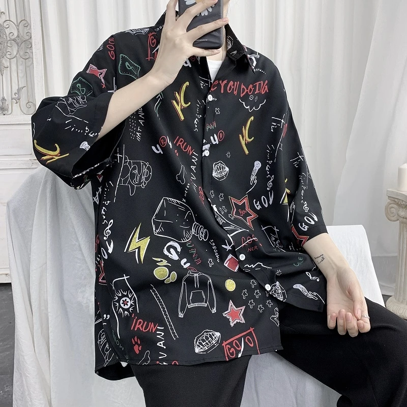 

Ruffian-handsome-printed-shirt-men's-short-sleeve-summer-5-/-6-sleeve-Korean-fashion-handsome-loose-shirt-casual shirt harajuku
