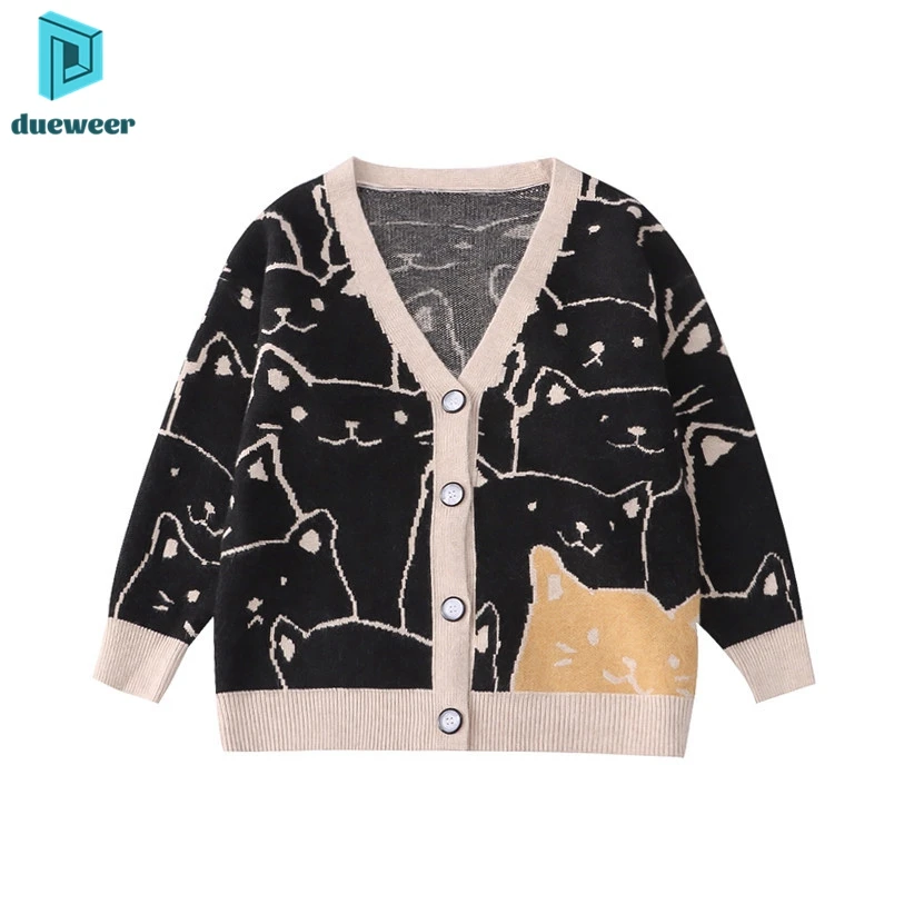 

DUEWEER Harajuku Knitted Cardigan Women Cartoon Cat Print Sweater Vintage Cute Long Sleeve V-Neck Knitwear Streetwear