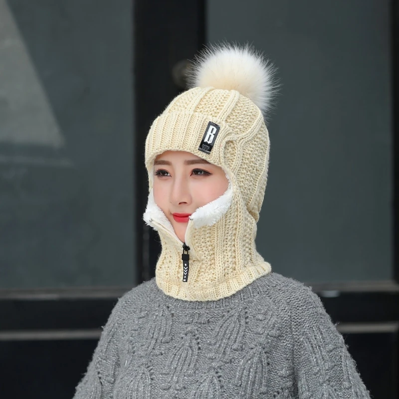 Set Syal Wajah Penghangat Leher Topi Rajut Musim Dingin 2-In-1 Ritsleting Beanie Rajut