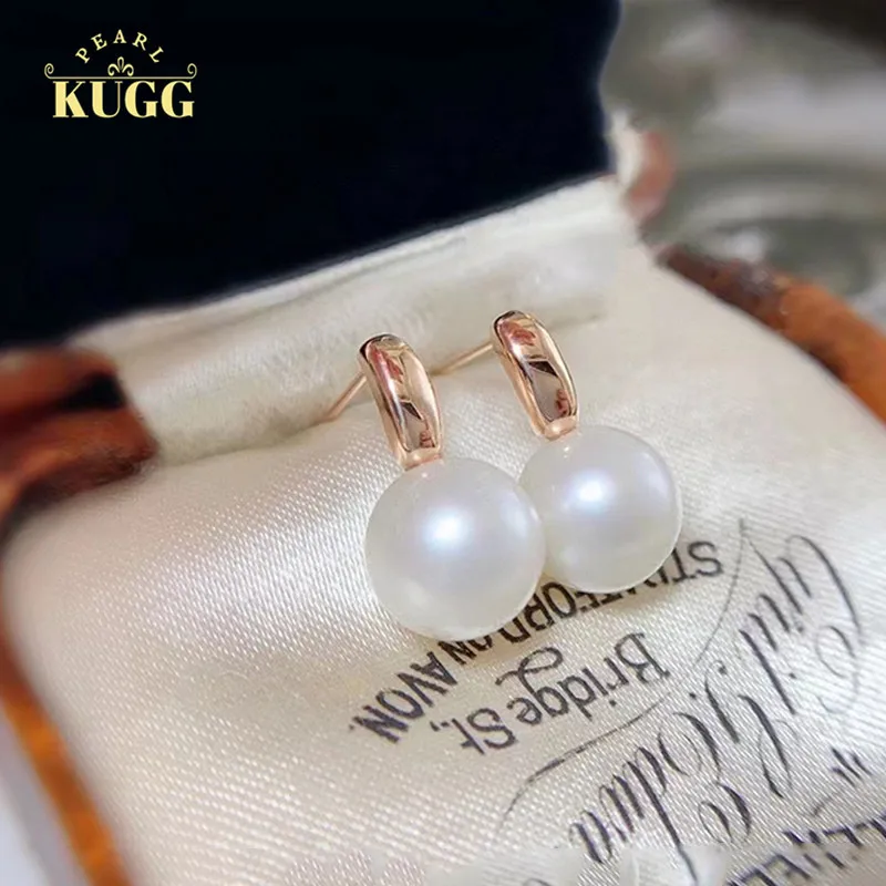 

KUGG PEARL 18k Yellow or Rose Gold Earrings 9-10mm Perfect Round Natural Freshwater White Pearl Earrings Stud Earrings for Women