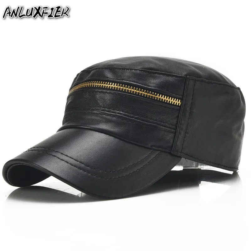 B-7127 New Arrival Fashion Leather Cap Men Baseball Cap Zipper Decoration Adjustable Flat Hat Male Sheepskin Leather Hats