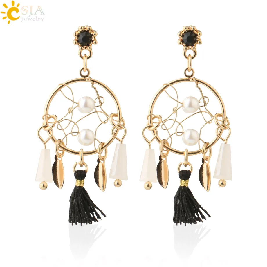 CSJA Dream Catcher Stud Earrings for Women Summer Earring Crystal Bead Gold Color Korean Fashion Statement Back Tassel S704