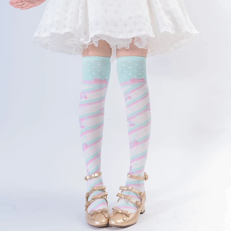 Chaussettes Lolita japonaises à rayures Harajuku, chaussettes mignonnes au-dessus du genou, jambe fine, coton peigné épais, Little Candy, 600