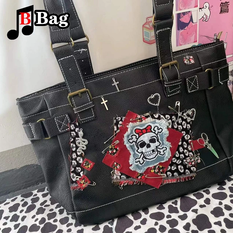 Y2K Gothic Woman Girls Single Shoulder Underarm Bag Tote Harajuku Hot Female Punk Collage Skull pin Large capacity Handbags