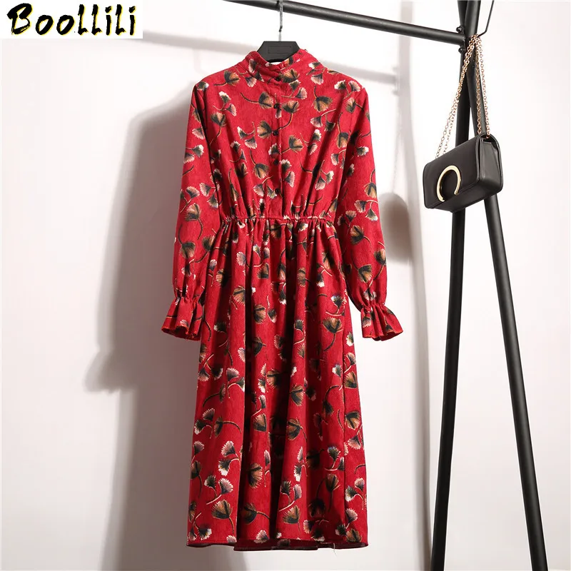 

Fashion Boollili 2023 Women Floral Dress Female Vintage Elegant Flare Sleeve Autumn Winter Slim Corduroy Dresses Vestidos