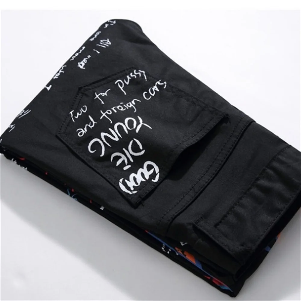 EH·MD® Graffiti Black Jeans Men's Flame Skull Print 90s Street Style Cotton Zipper Trousers 2020 New Trend Personality Thin Feet