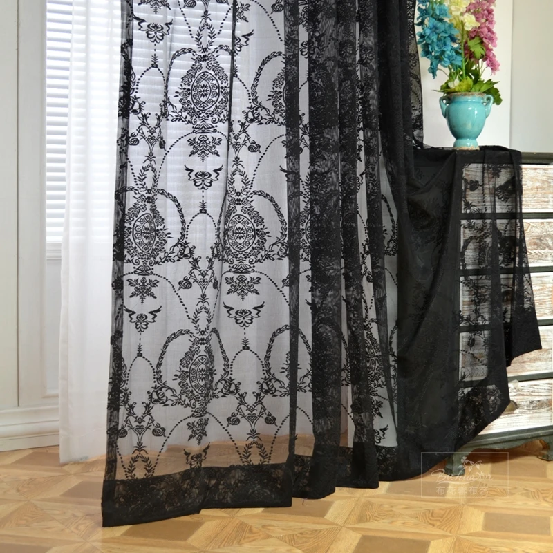 European Solid Black Sheer Curtains for Bedroom Living Room Premium Black Lace Curtain Drapes Home Decoration Background Fabrics