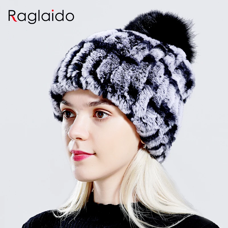 

Женские зимние меховые шапки, женские шапки из меха кролика Рекс, Однотонные эластичные зимние модные аксессуары, шапка с помпоном из лисьего меха