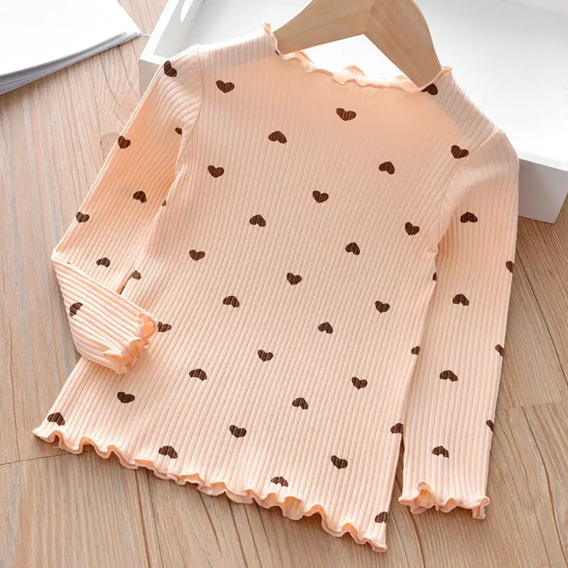 2024 New Spring Cotton Girls T-Shirt Long Sleeve Baby Kids O-Neck Bottoming Shirt for Children Clothes Cute Heart Girl Tops