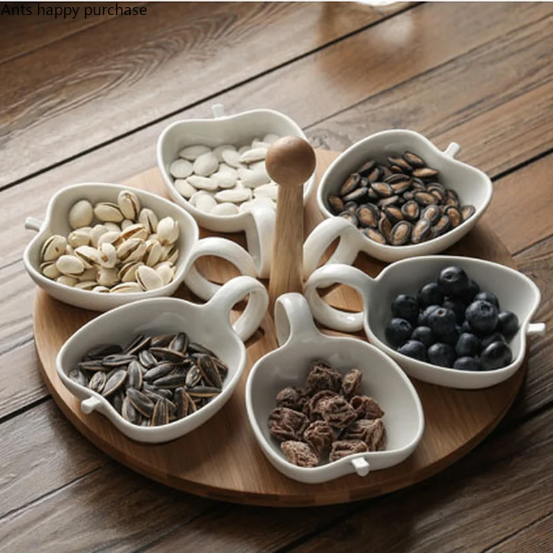 Home Ceramics Dried Fruit Plate White Apple/heart-shaped/small Fish Five Grid Snack Bowl Snack Platter Rotatable Wooden Base