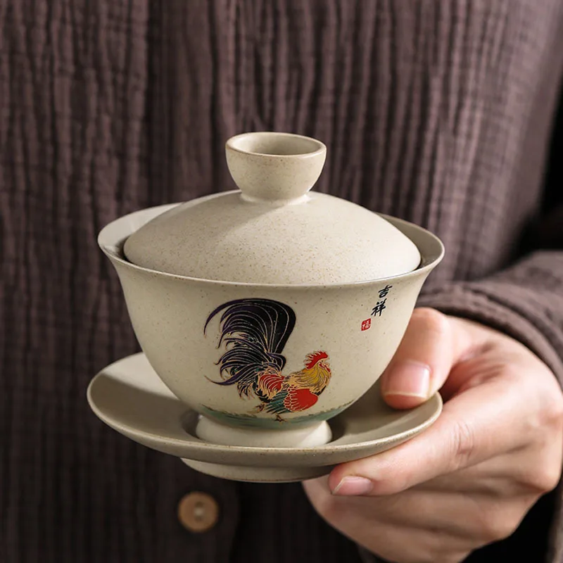 160ml Exquisite Coarse Pottery Gaiwan Household Retro Rooster Tea Cup Chinese Ceramic Tea Bowl Tea Ceremony Customized Gift