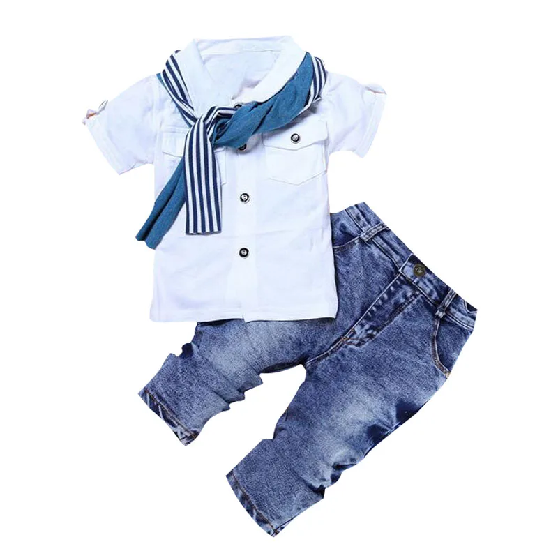 2021 Summer Kids Clothes Boy Short Sleeve Cotton T-Shirt Tops Jeans Scarf 3PCS Baby Kid Casual Set 2-7Y Infant New Cute Outfit