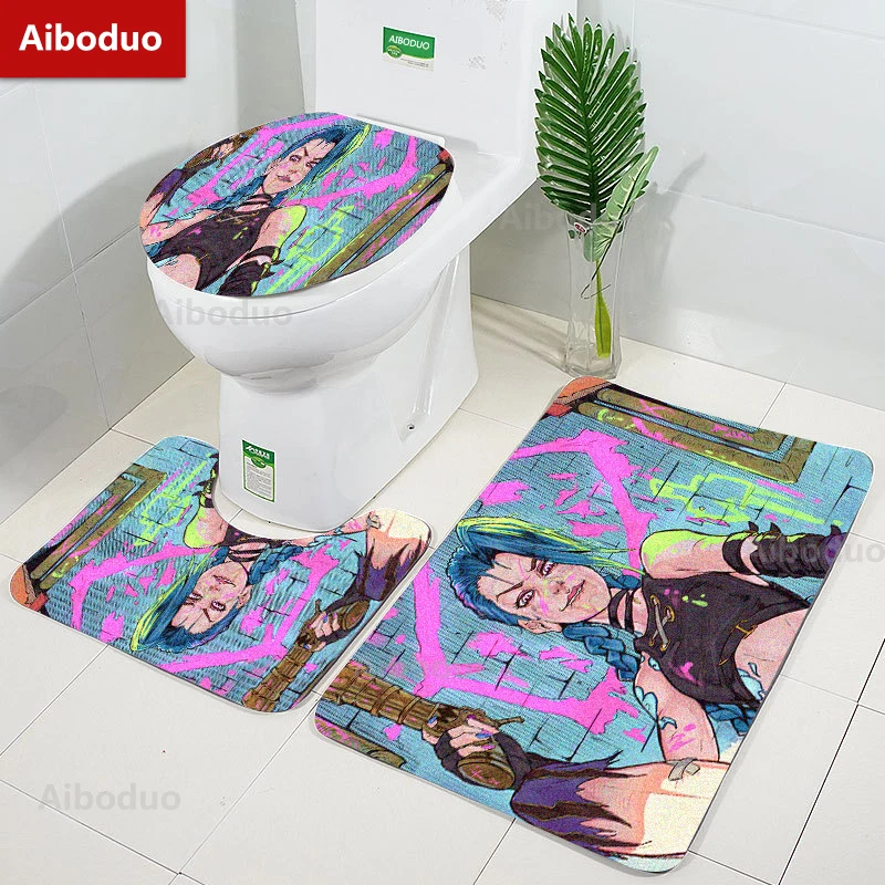 

Aiboduo 3pcs/set JINX Toilet Lid Cover Set Non Slip Carpet Anime Bath Mat Arcane Home Decoration Customizable LOL Restroom Rug