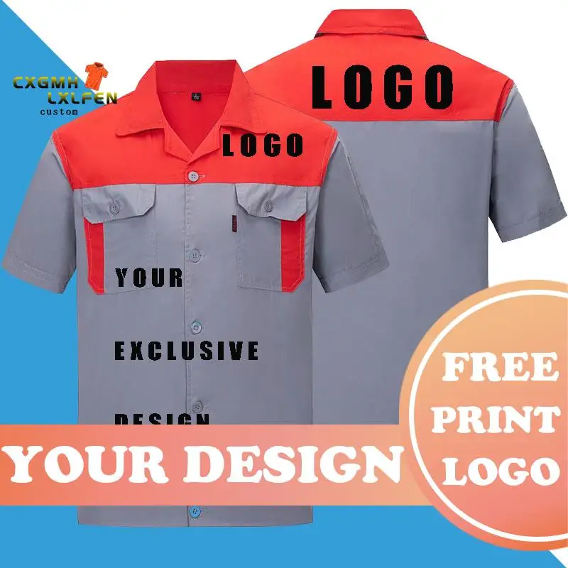 DIY LOGO spring and autumn short-sleeved overalls men's labor insurance suits workshop maintenance tooling tops