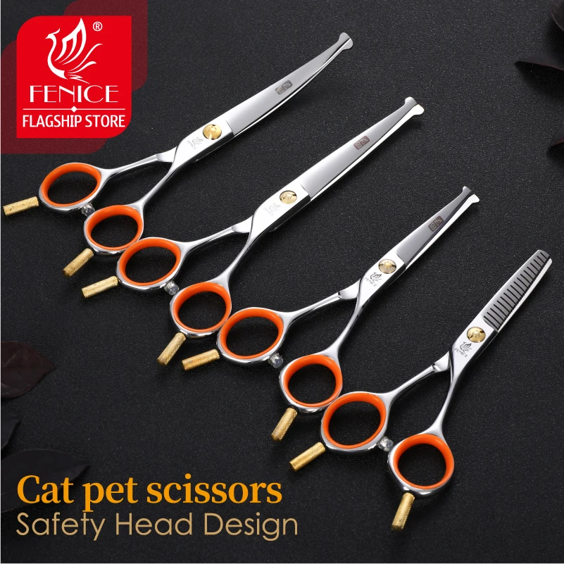 Fenice 5.0/6.0/4.75 inch Pet Grooming Cutting Curved Shears with Safety Round Tips Thinning Scissors for Cats Japan 440C