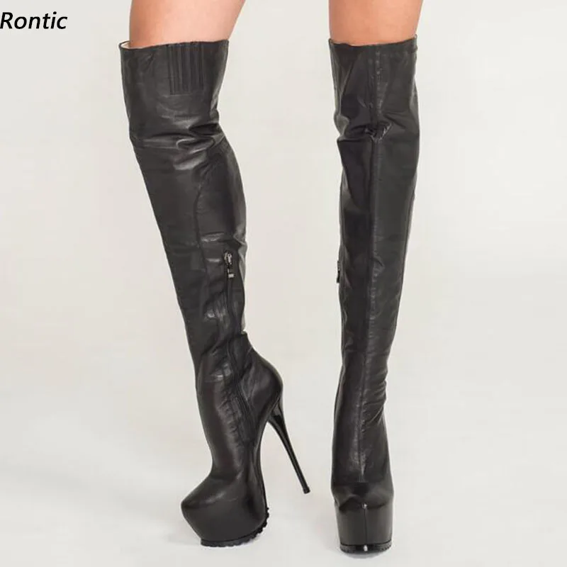 

Rontic New Fashion Women Winter Thigh Boots Waterproof Matt PU Stiletto Heels Round Toe Elegant Black Party Shoes US Size 5-20