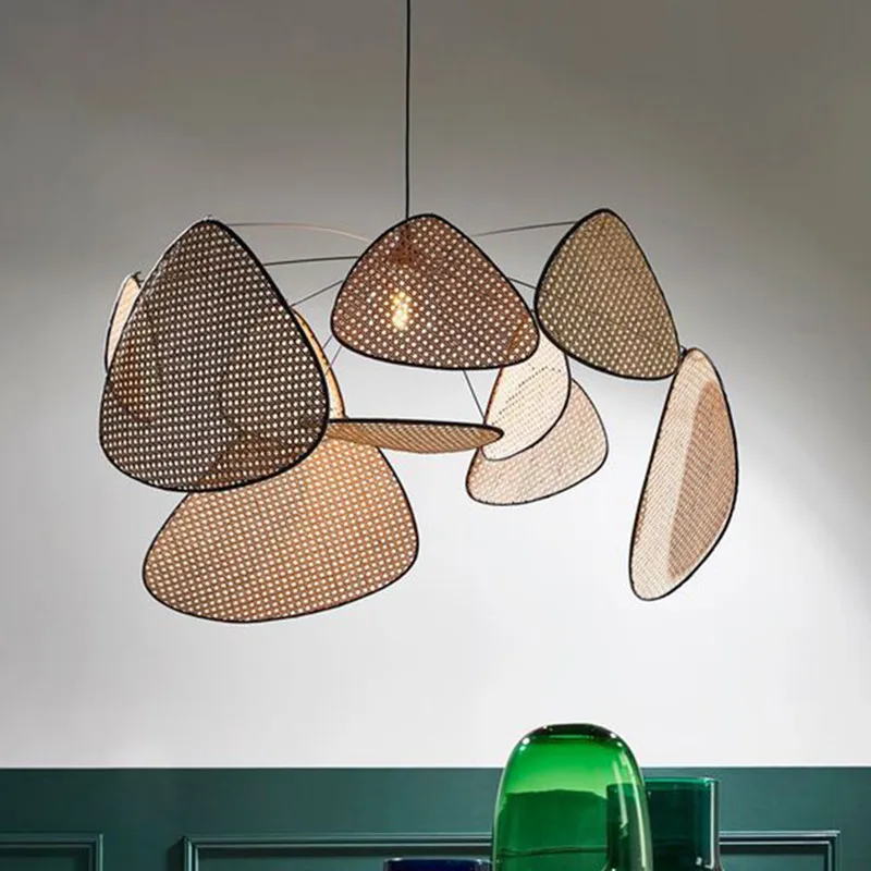 Nordic Designer Leaf Grid Rural Head Made Rattan Led Pendant Lamp Retro Restaurant Bedroom Kitchen Decor Hanging Light Fixtures