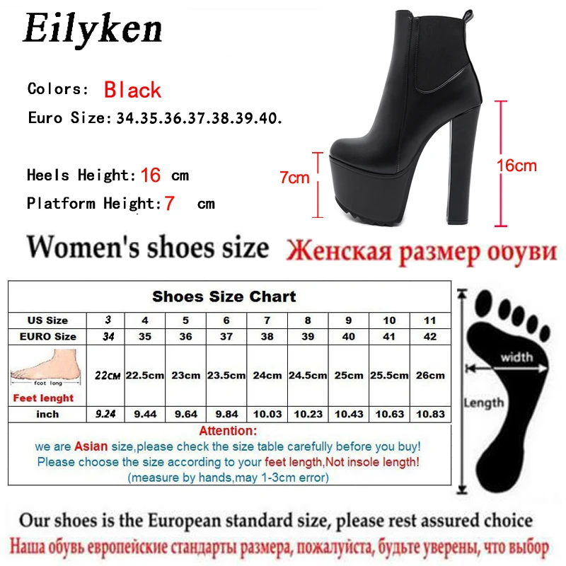 Eilyken inverno plataforma de salto alto botas de tornozelo feminino preto couro do plutônio dedo do pé redondo zíper sapatos femininos designer