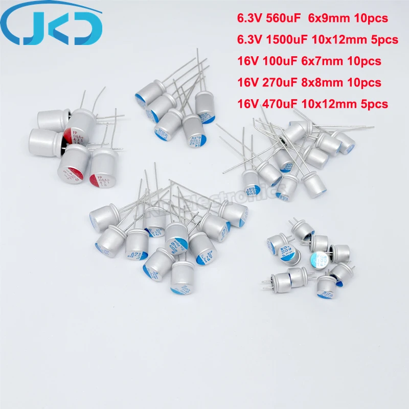 40pcs 5value Solid Aluminum Electrolytic Capacitor Kit 6.3V 16V 100UF 270UF 470UF 560UF 1500UF for Computer Mainboard