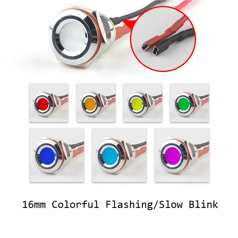 IP66 Waterproof Colorful Flashing LED Metal Warning Indicator Light 16mm Blink Pilot Signal Lamp 3V 6V 12V 24V 36V DC with Wire