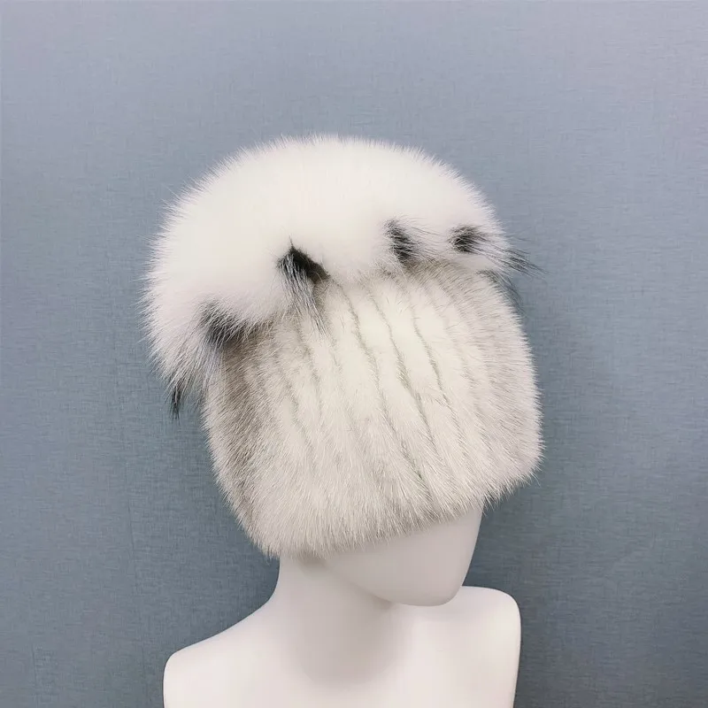 

Women Real Mink Fur Bomber Hats Winter Genuine Fox Fur Top Luxurious Quality Winter Elastic Warm Soft Fluffy Cap H18