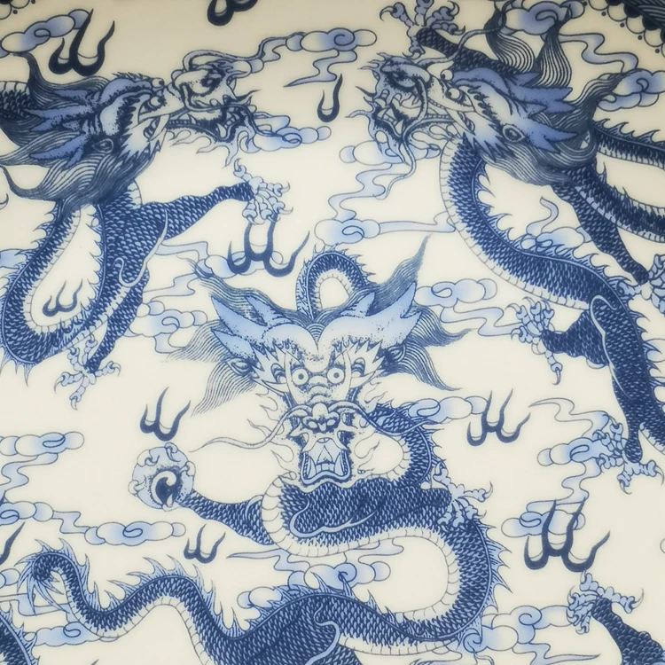 Qing Qianlong Blue And White Five Dragon Plate Living Room Bogu Shelf Porcelain Plate Antiques Collection Antique Ornaments