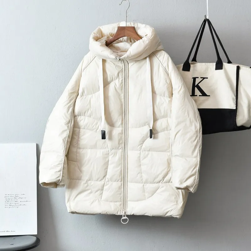 Medium Long Winter Jacket Women New Letter Embroidery White Duck Down Jacket Hooded Down Coats Warm Thicken Parka