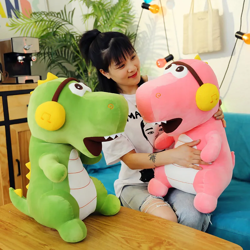 

Creative Sitting Green Pink Cartoon Dinosaur Plush Doll Headset Music Funny Animal Pillow Lovely Huggable Big Eyes Toys Kids