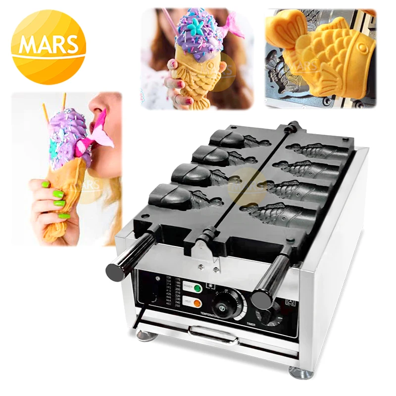 Commercial Taiyaki Fish-Shaped Waffle Maker 110V 220V Open Mouth Taiyaki Ice Cream Machine Fish Cone Baker in Catering Equipment