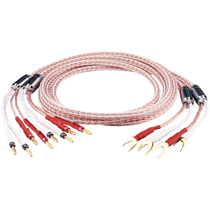 GZ-006 Bi Wiring Hifi Speaker Cable 7N Single Crystal Copper Audio Cable 2 to 4 Banana Plug to Y Plug Power Amplifier Main