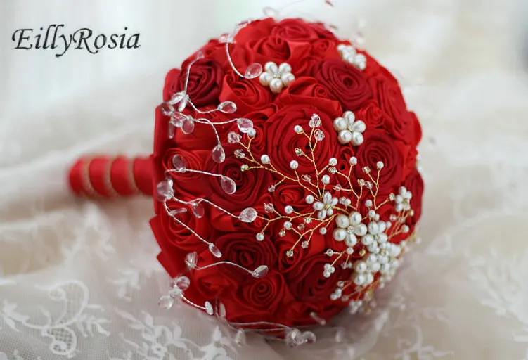 Bouquet da sposa rosso cinese Vintage perle fatte a mano gioielli spilla Bouquet retrò fiori artificiali da sposa con strass