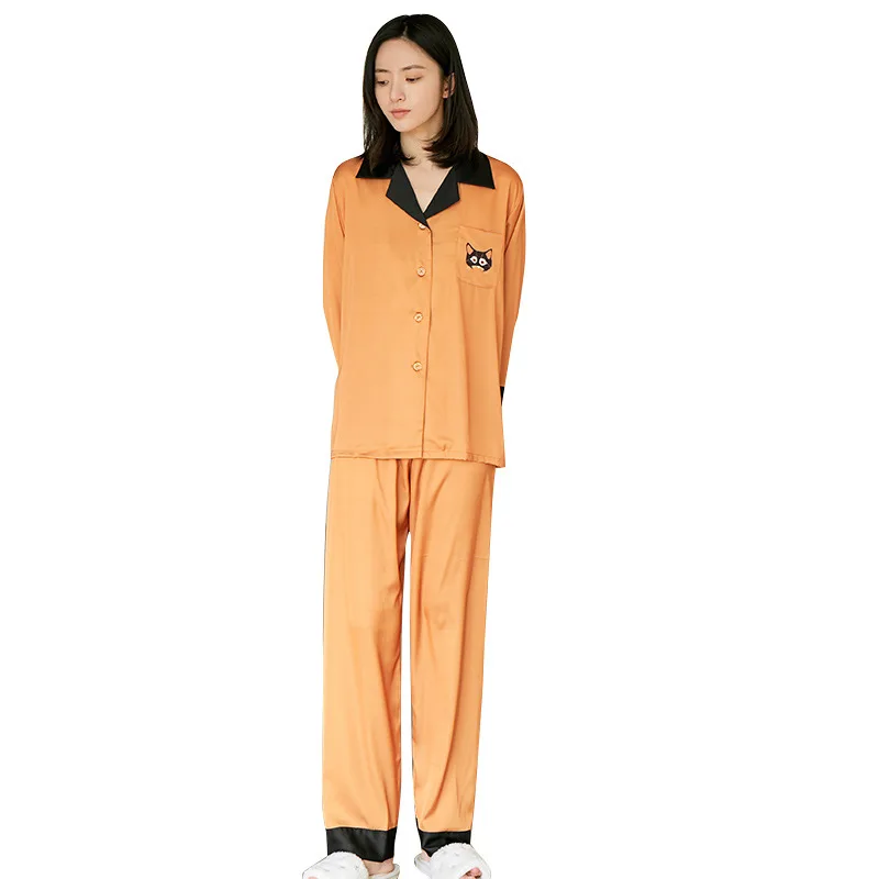 Satin Nightwear Orange Homewear Sleep Set Patchwork Color Women 2PCS Pajamas Suit Casual Intimate Lingerie Casual Pyjamas