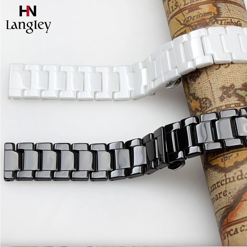 Ceramic Watchband 14mm 16 18 20 22mm Flat Interface Straps Fashion White Wristband Double button butterfly clasp Band With Tool