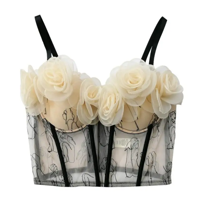 Fashion Tank Top Sweet Flowers Crop Mesh Three-Dimensional Flowers Corset Women Elegant Party Bustier Streetwear Bra p470