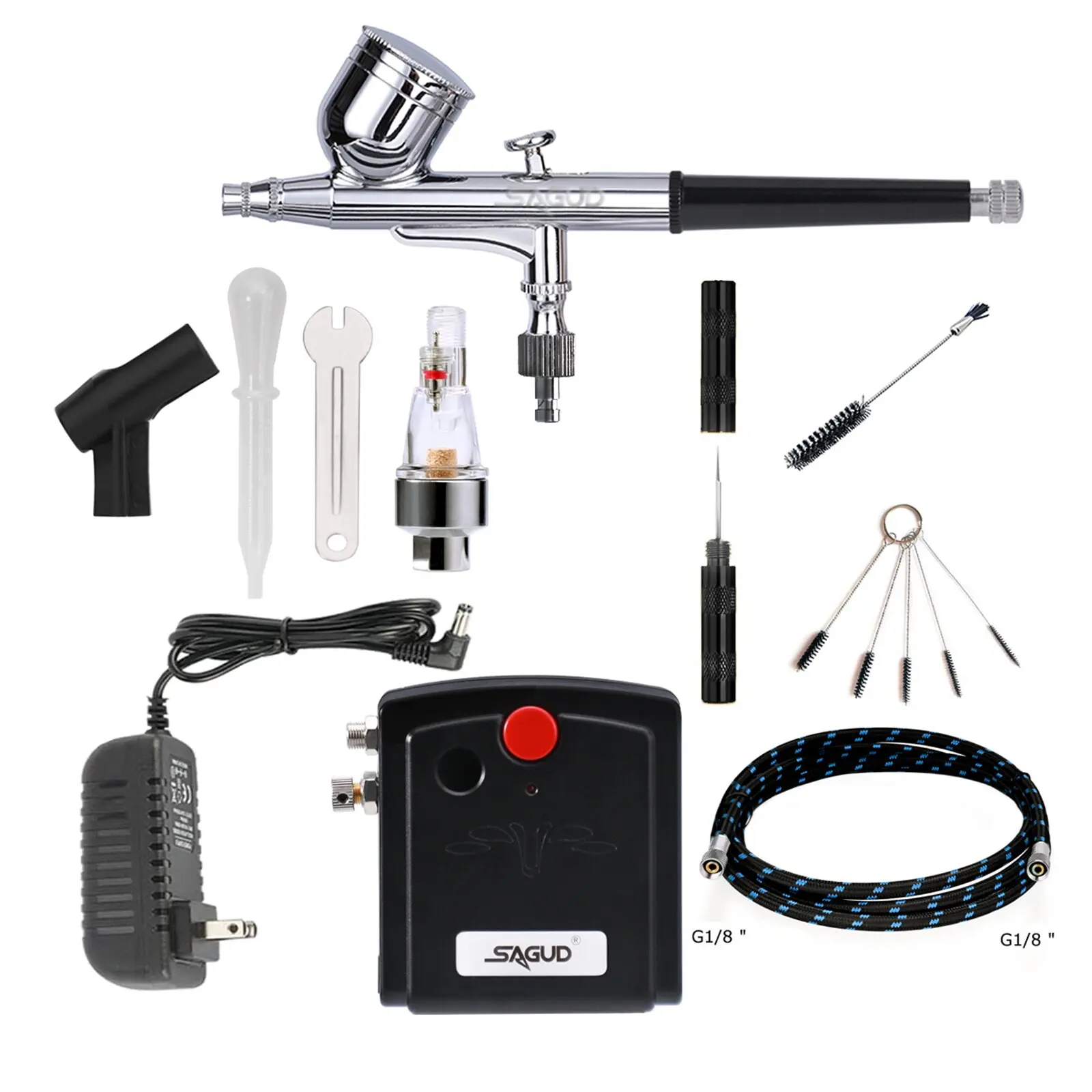 

SAGUD Dual-Action Airbrush with Auto Shut Airbrush Compressor Kit for Cake Decor Tattoo Nail Makeup with Spray Gun Cleaning Set