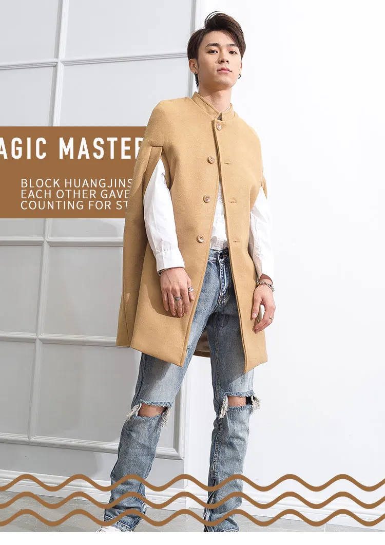 

Khaki color stand collar medium-length woollen cloth western-style fashion coat men's Cape Cape Cape Cape Winter Cape Personalit