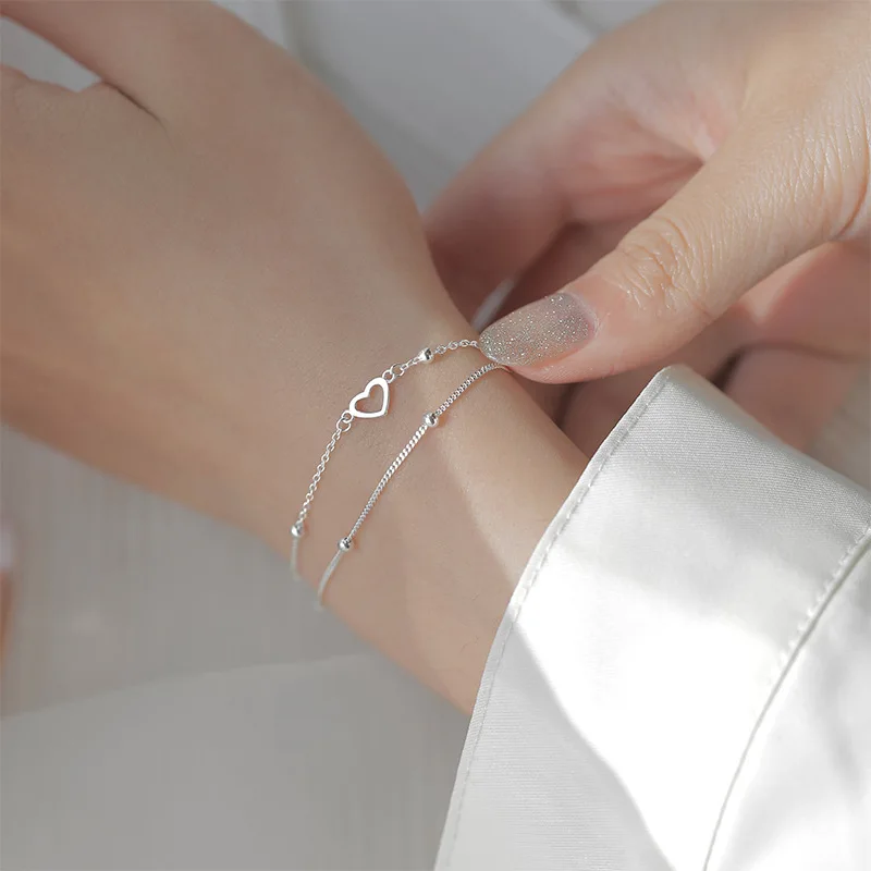 S925 Silver Plated Double Layers Love Heart Charm Bracelets &Bangle For Women Girls Elegant Birthday Wedding Party sl001