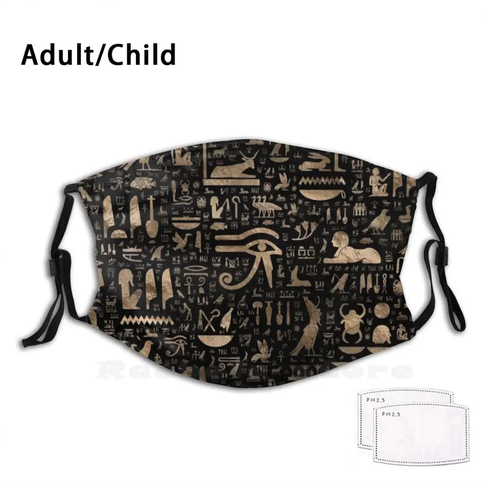 

Ancient Egyptian Hieroglyphs - Black And Gold Funny Print Reusable Pm2.27 Filter Face Mask Egyptian Hieroglyphs Hieroglyphs