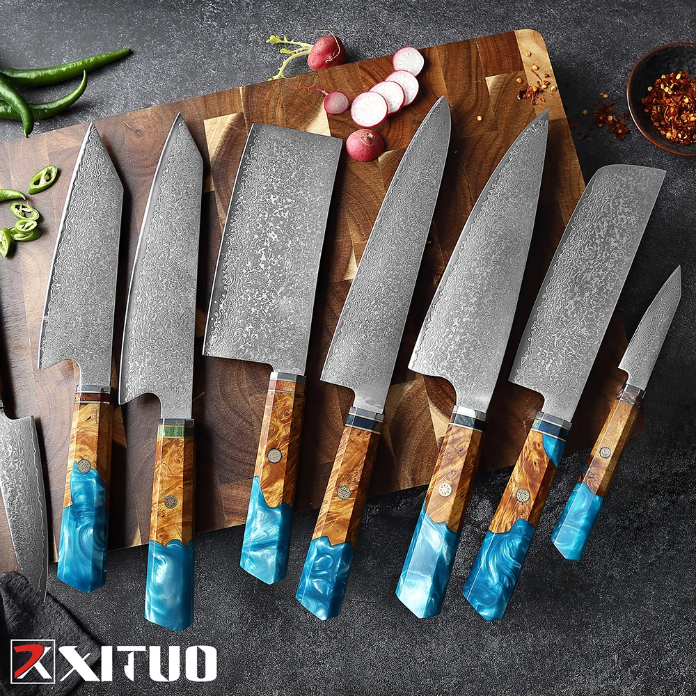 XITUO Kitchen Damascus Knife Set 1-9PC Set Japanese Damascus Steel Chef Knife Santoku Paring Knives Blue resin and wood handle