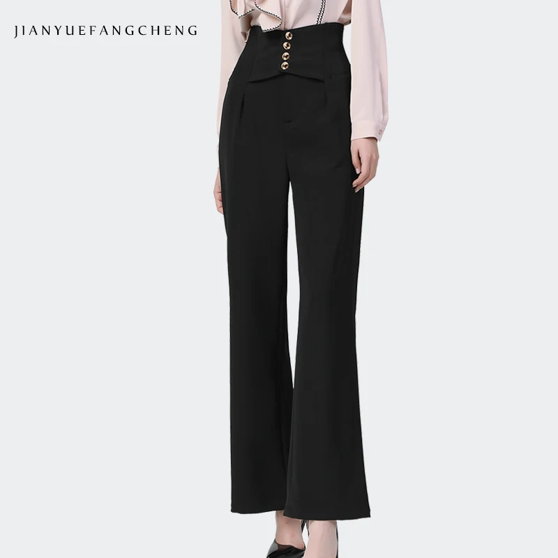 Office Ladies Pants Solid Straight Long Trousers Front Pleated High Waist Wide Leg Pants Elegant Fashion 2021 Spring New Bottoms