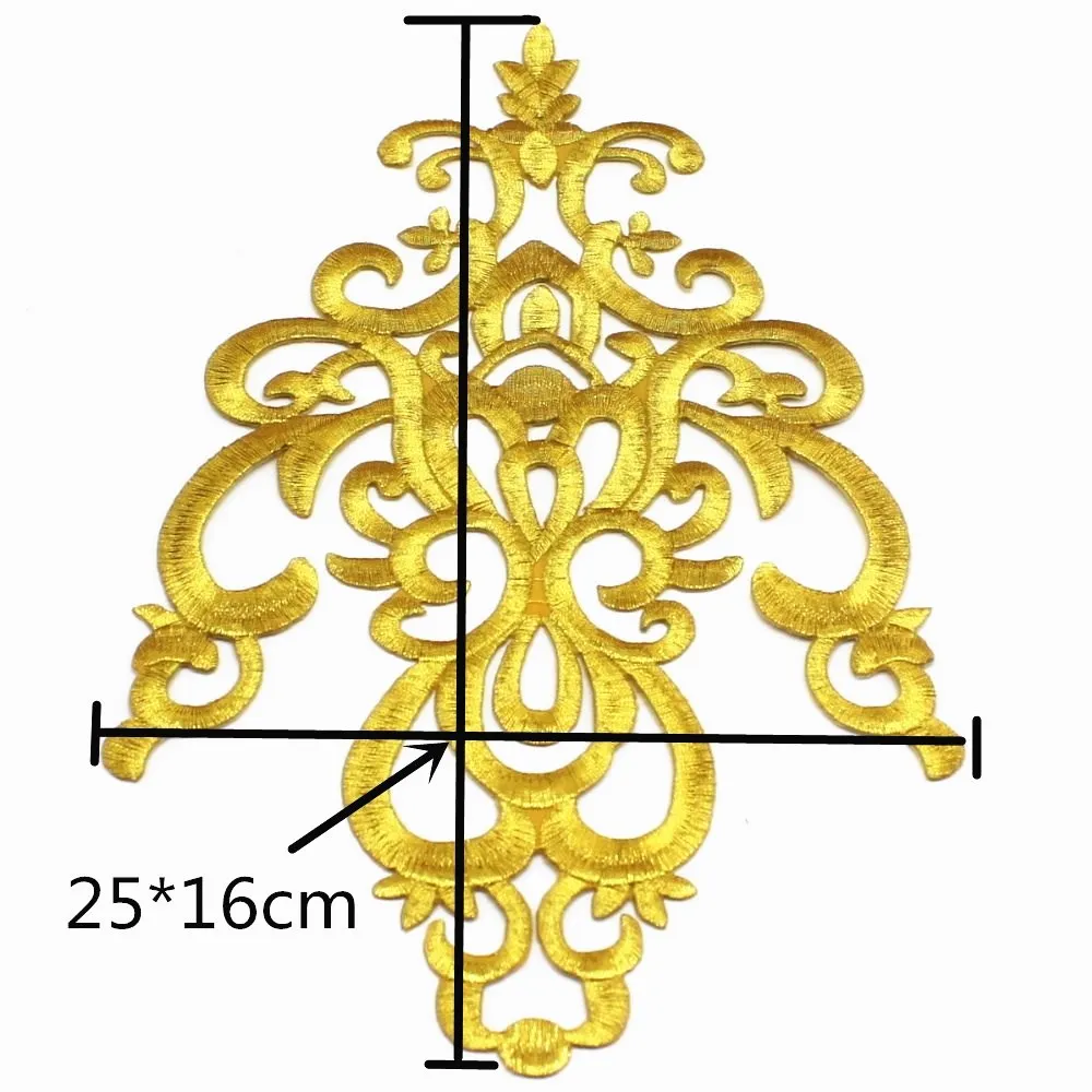 Gold Appliqued Iron On Flower Vintage Diy Trims Shiny Gold Embroidered Patches 25.5cm*16cm