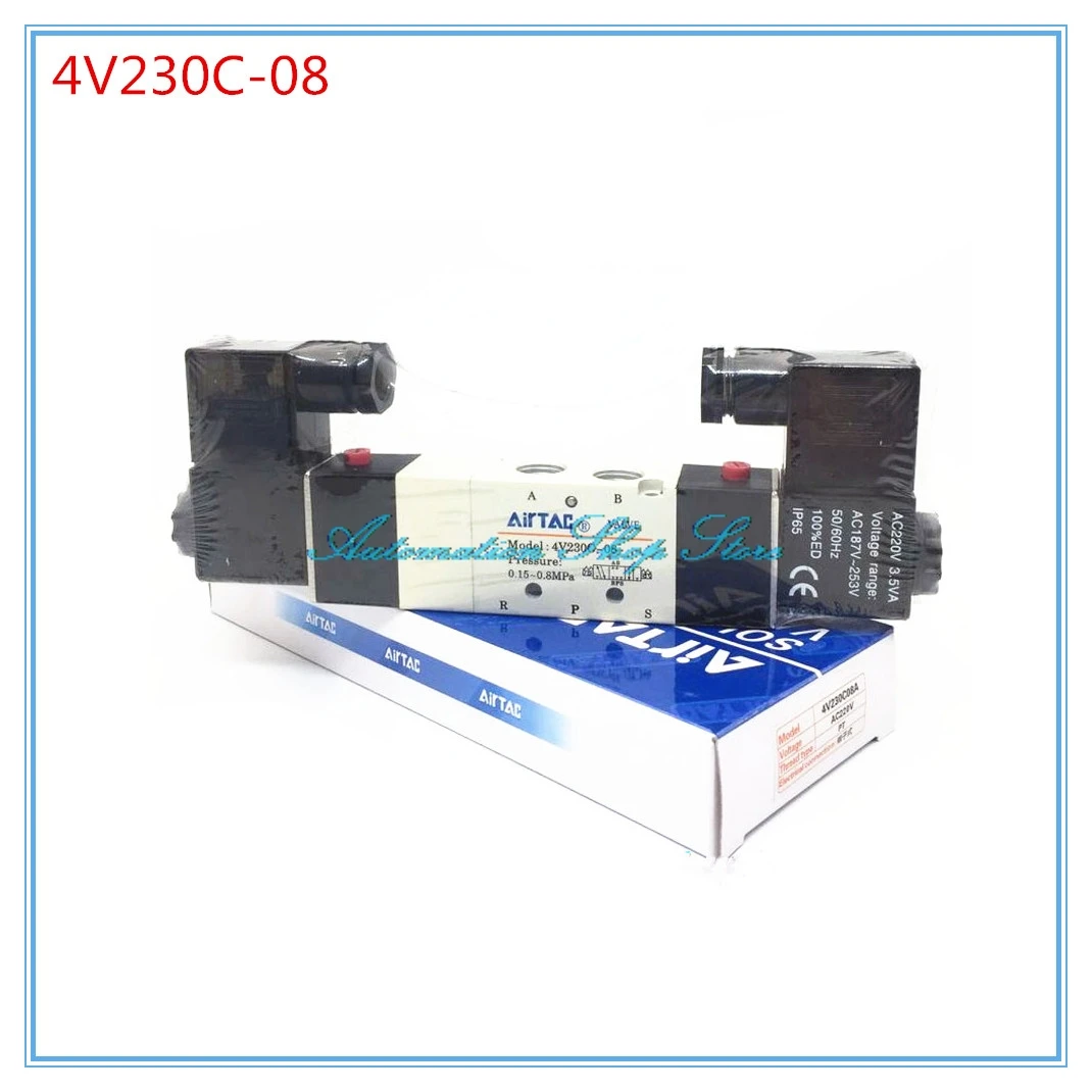 

1/4'' Ports DC12V 24V AC110V 220V 3 Position 5 Way Neutral Electric Solenoid Air Control Valve 4V230C-08