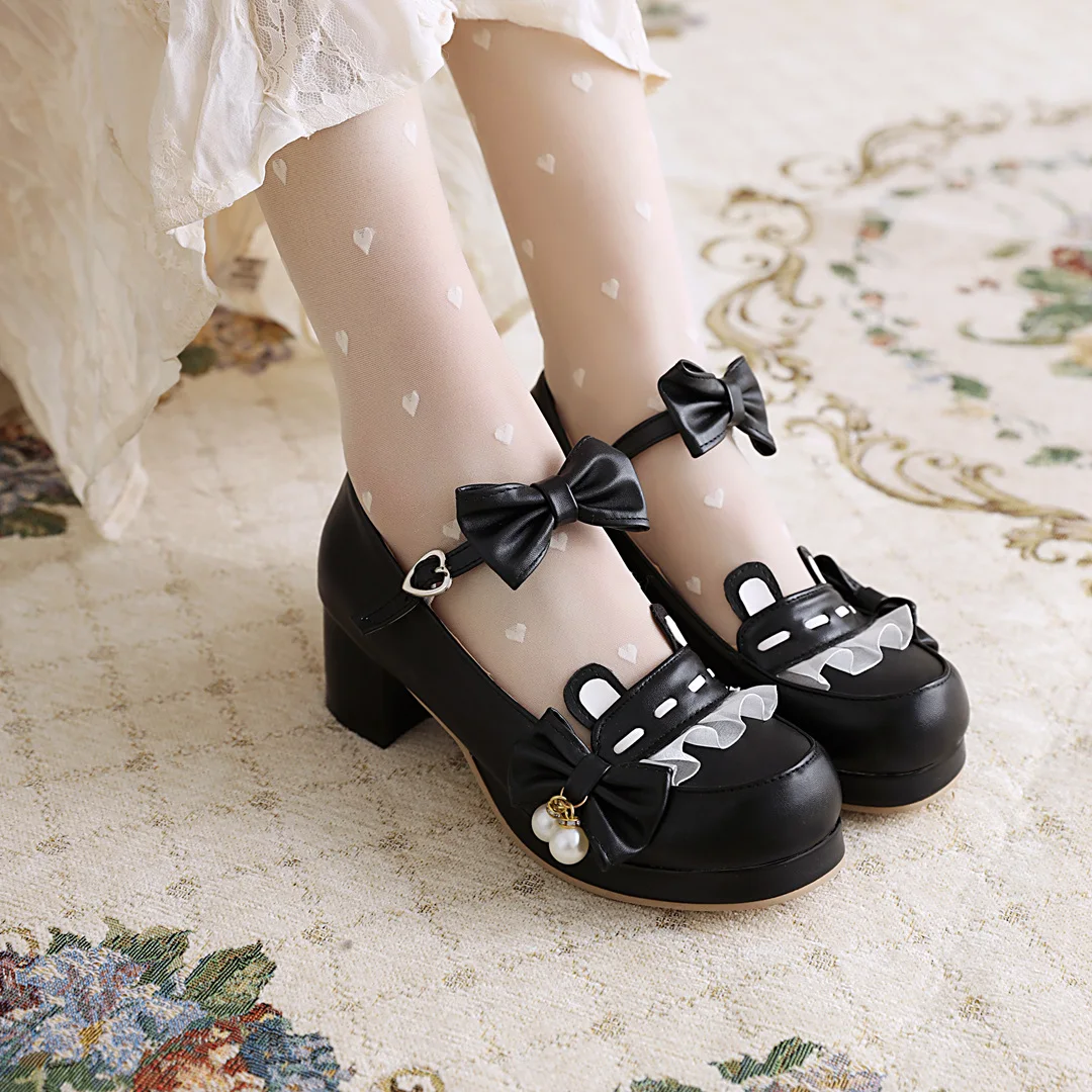 Japanese Style Sweet Bow Lace Princess Lolita Shoes Lace-up Med Heel Buckle Strap Thick Platform Pumps with Cute Ears Pearl 2021