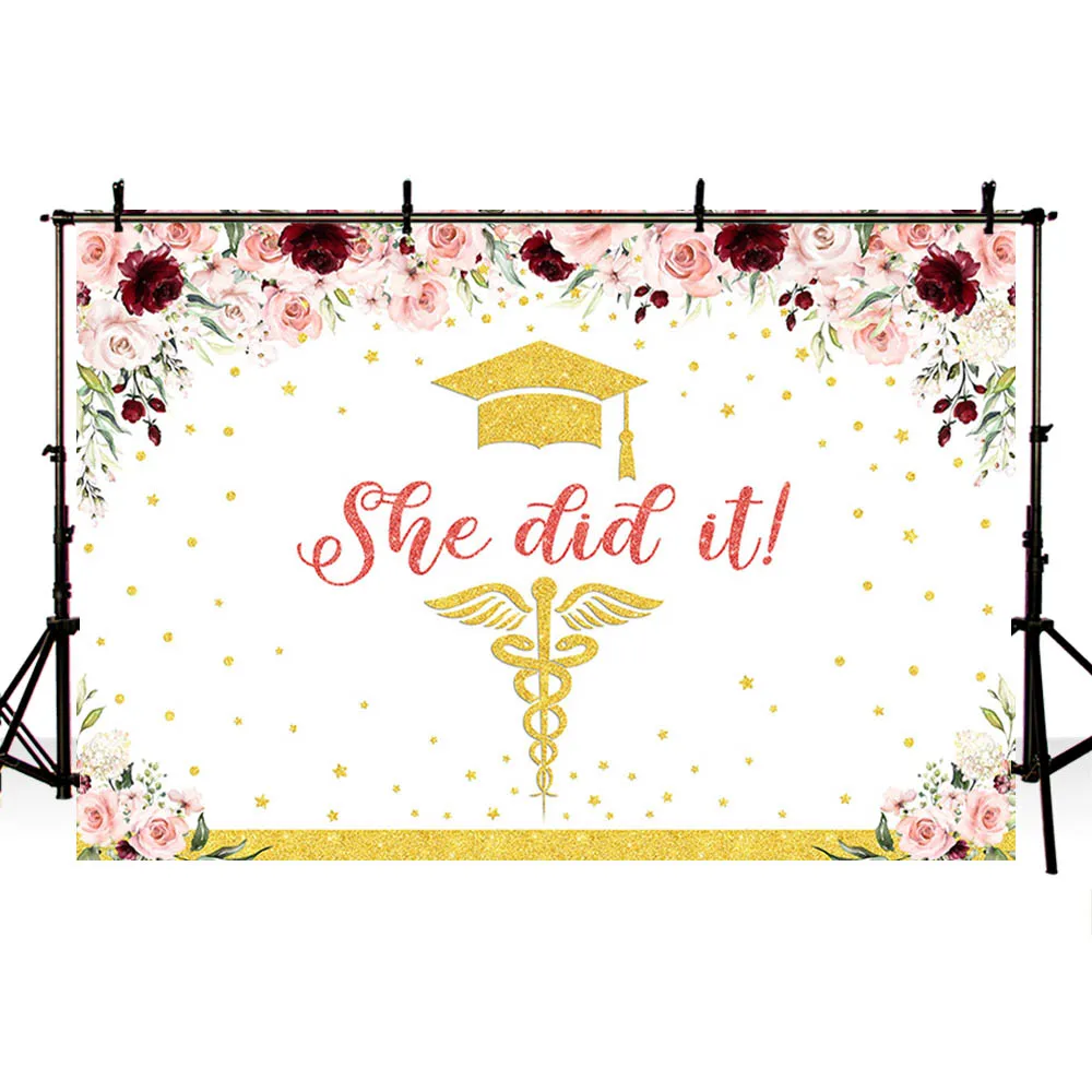 Nurse Graduation Invitation Party Backdrop Bachelor Cap Diploma Pink Floral Photography Background Photo Studio Props Photophone