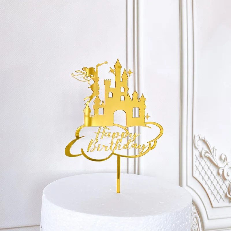 Rose Gold Castle Acrylic Cake Toppers Gold Snowflakes Elf Birthday Cake Toppers for Kids Birthday Party Cake Decoration Supplies view 2