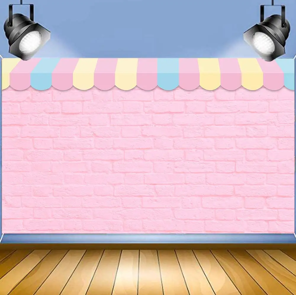 Cute Pink Brick Wall Dessert Shop Background Ice Cream Theme Photo Photography Backdrop Princess Girl Birthday Party Banner