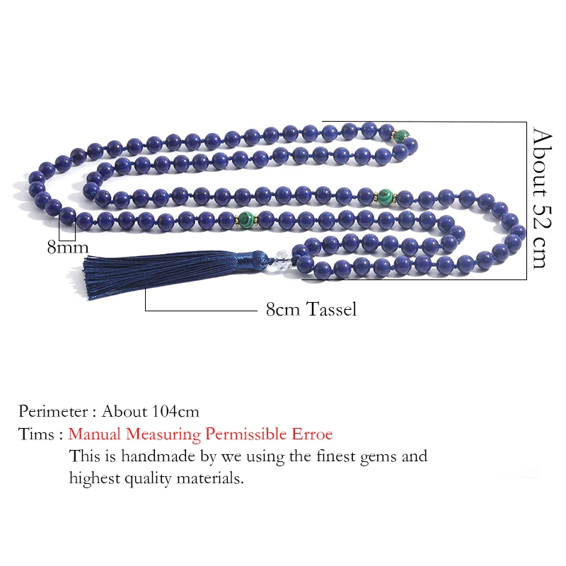 108 Mala 8MM Lapis Lazuli & Green Malachite Beaded Knotted Necklace Men and Women Blessing Fashion Charm Jewelry Long Tassel