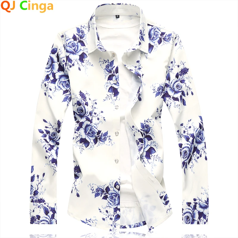 White Long Sleeve Printed Shirt Men\'s, Spring / Autumn New Men Shirts, Business Casual Flower Top Camisa Male Chemise