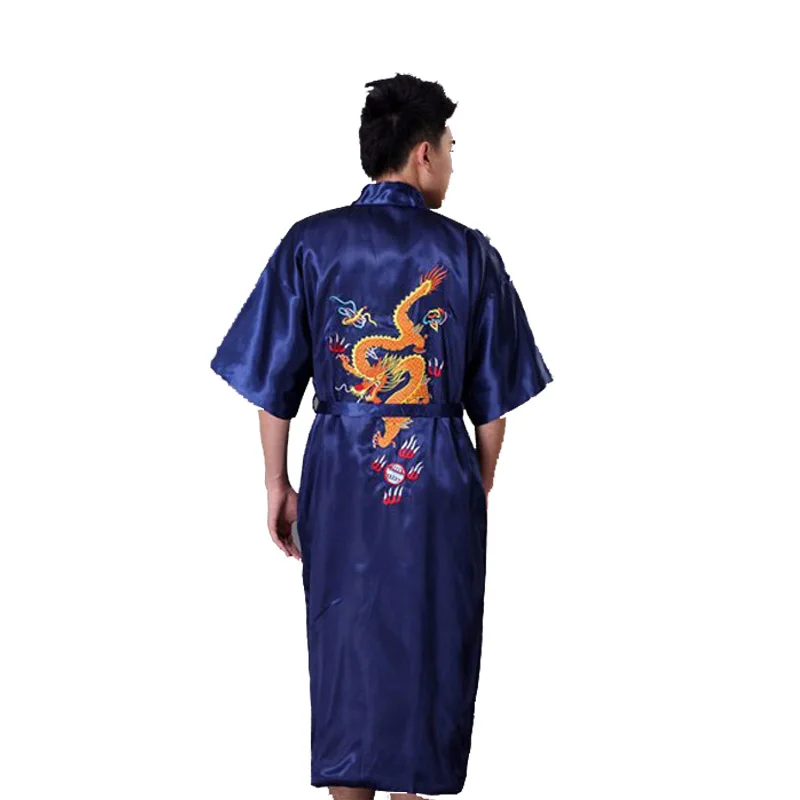 

High Quality New NavyblueChinese Traditional Men's Robe Embroidery Dragon Satin Sleepwear Vintage Kimono Yukata Bath Gown 011031