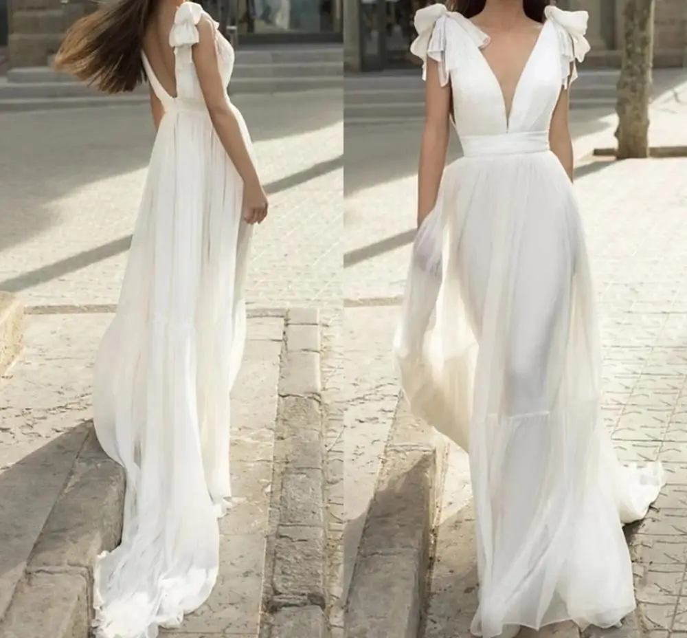 Vestido de novia bohemio de gasa con lazo, Sexy, romántico, griego antiguo, sin espalda